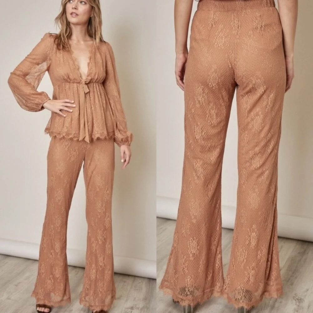 Carmel Floral Lace V Neck Babydoll Top + High Waist Flare Pants Matching Set - Picture 7 of 10